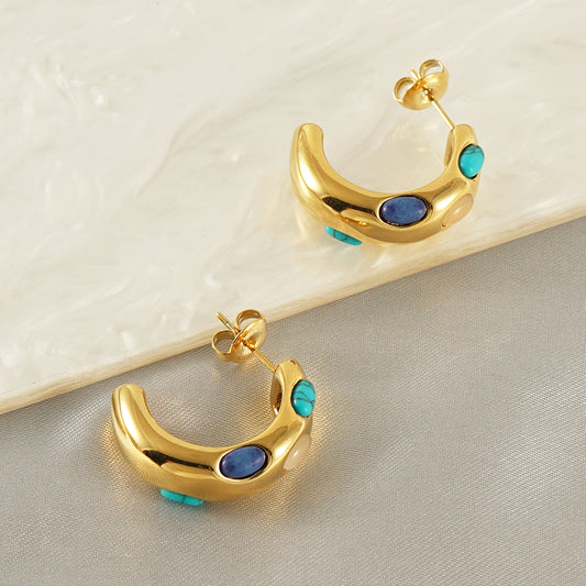 C shape inlay turquoise 18k gold plated ear studs