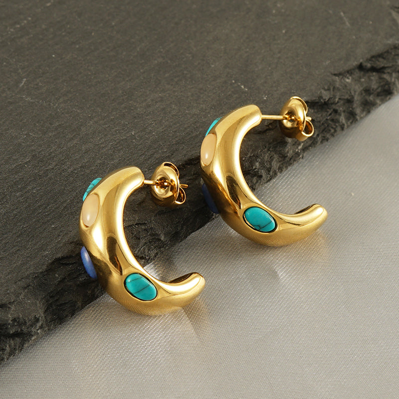 C shape inlay turquoise 18k gold plated ear studs