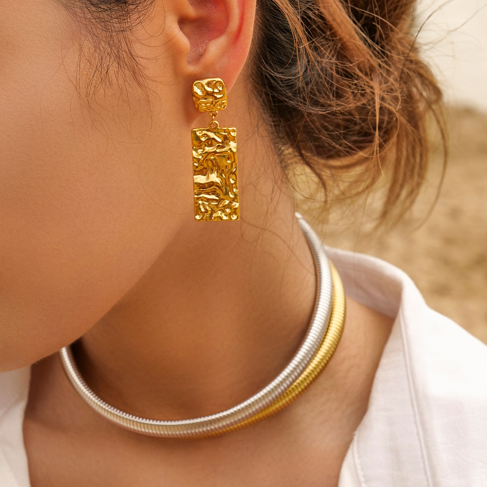 Rectangle pleated 18k gold plated drop earrings