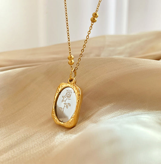 Vintage mirror rose flower titanium gold plated necklace