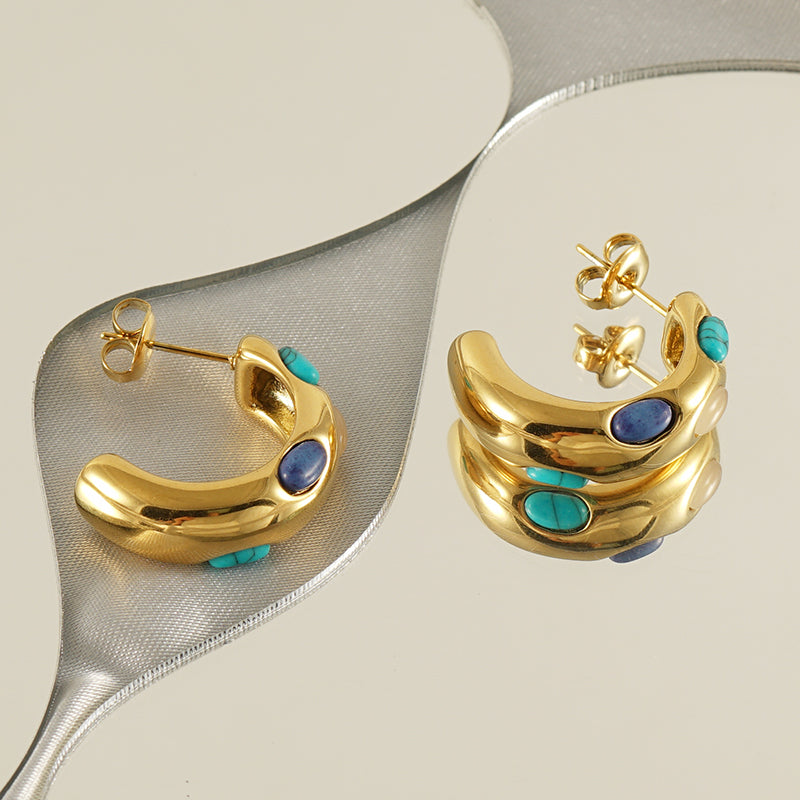 C shape inlay turquoise 18k gold plated ear studs