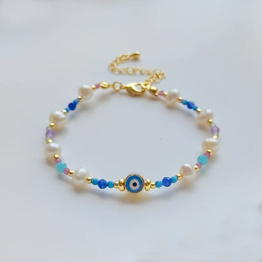 Devil's eye turquoise freshwater pearl 18k gold plated bracelet