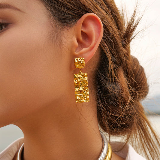 Rectangle pleated 18k gold plated drop earrings