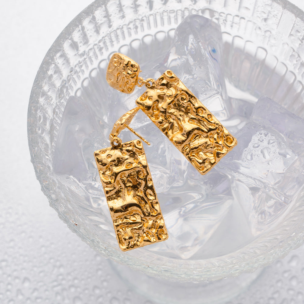 Rectangle pleated 18k gold plated drop earrings