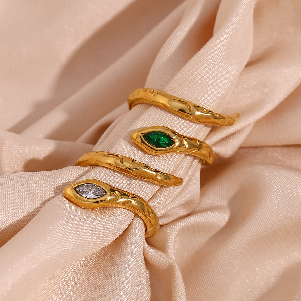 snake 18k gold plated open ring green zircon