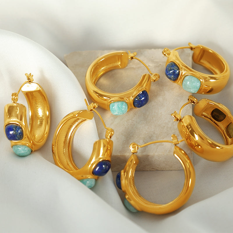 Vintage style round natural stone 18k gold plated hoop earrings