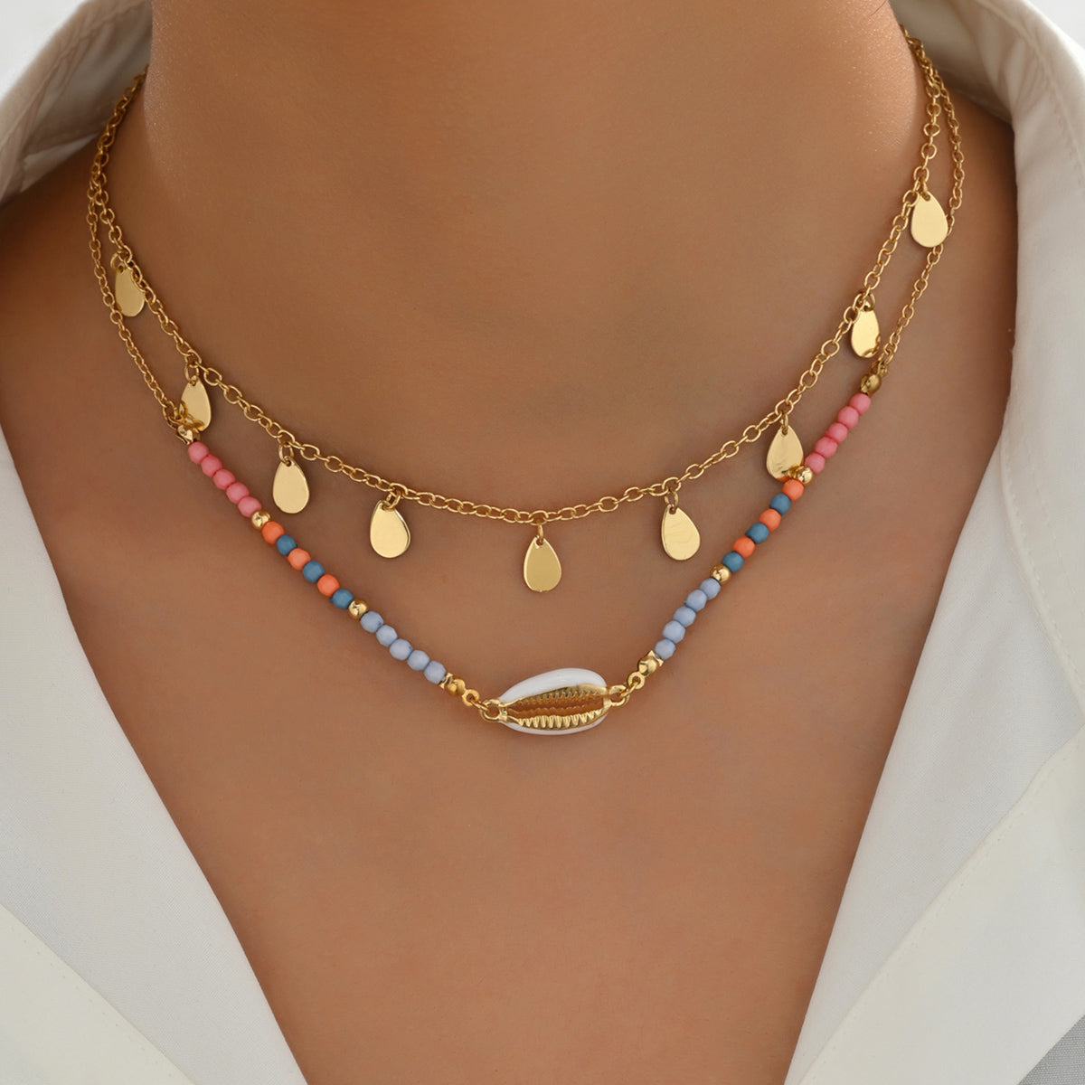 Bohemian Water Droplets Shell Layered Necklaces