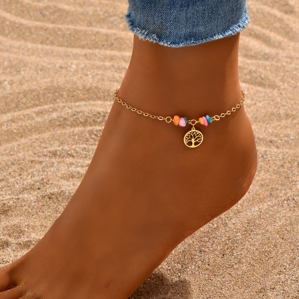Bohemian beach tree beaded 18k gold plated women's anklet