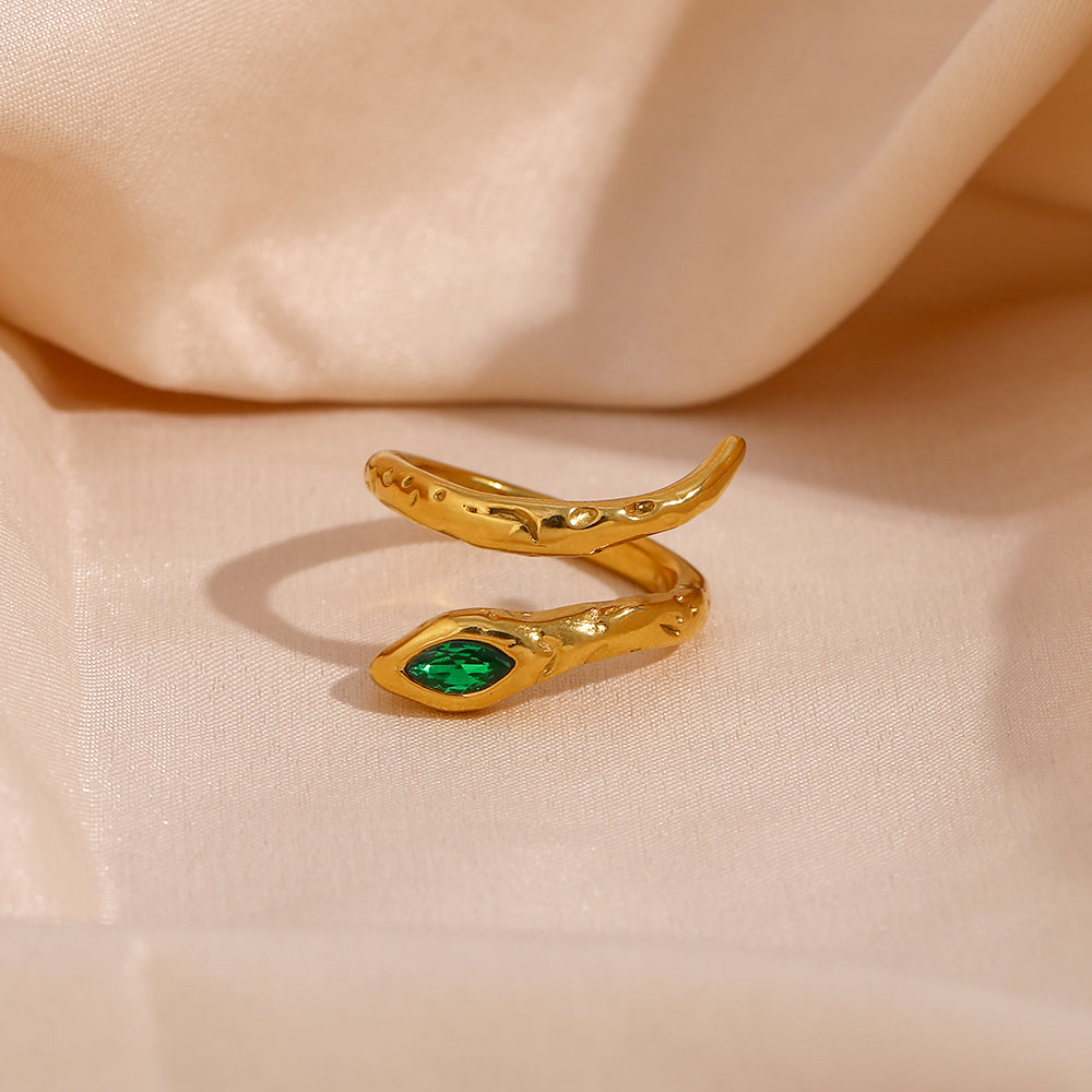 snake 18k gold plated open ring green zircon