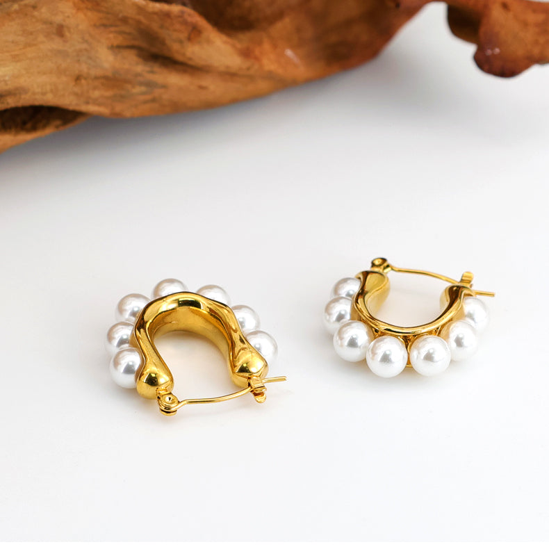 Geometric Inlay Pearl 18K Gold Earrings Ear Studs