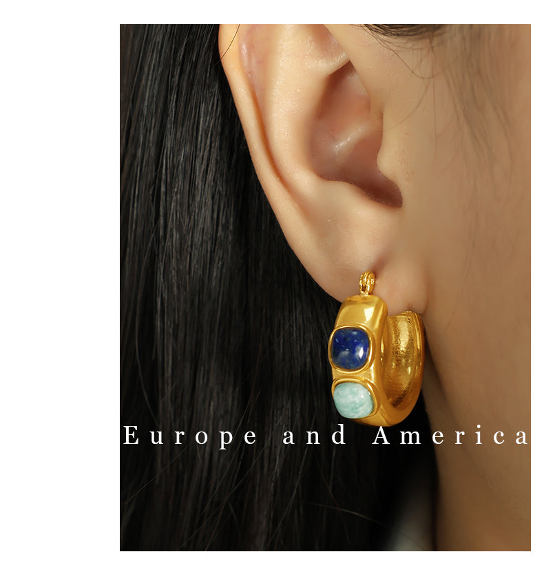 Vintage style round natural stone 18k gold plated hoop earrings