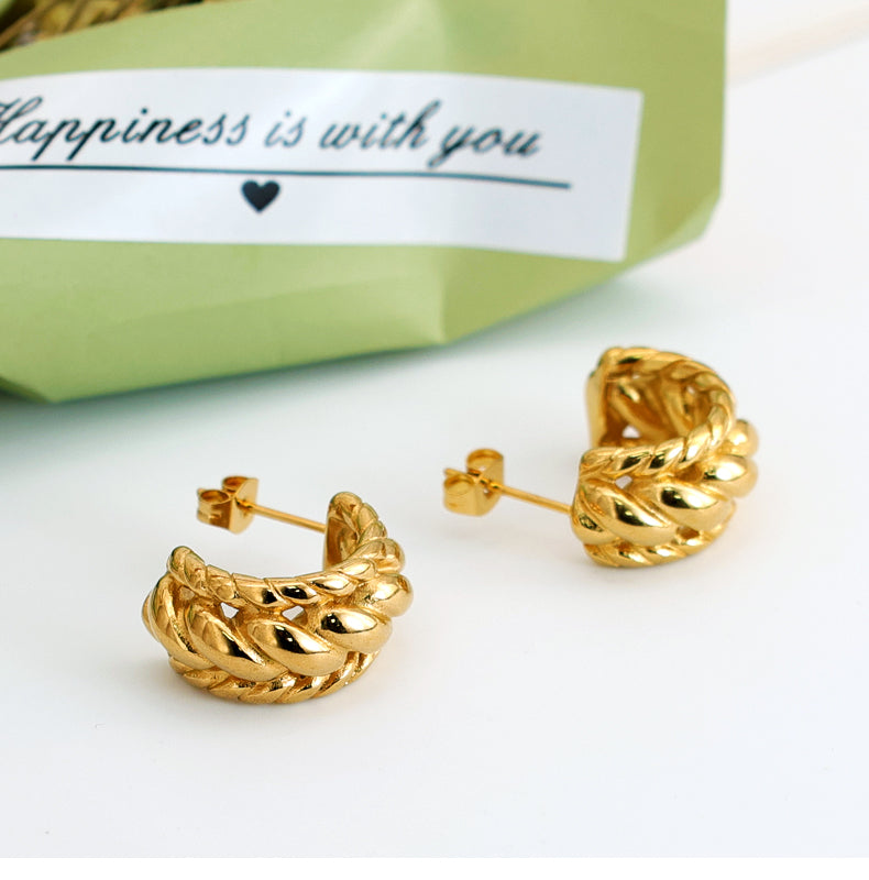 Geometric Inlay Pearl 18K Gold Earrings Ear Studs