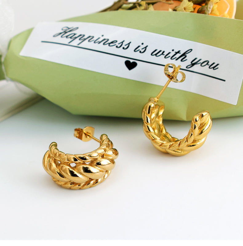 Geometric Inlay Pearl 18K Gold Earrings Ear Studs