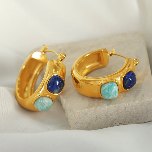 Vintage style round natural stone 18k gold plated hoop earrings