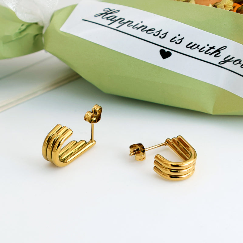 Geometric Inlay Pearl 18K Gold Earrings Ear Studs