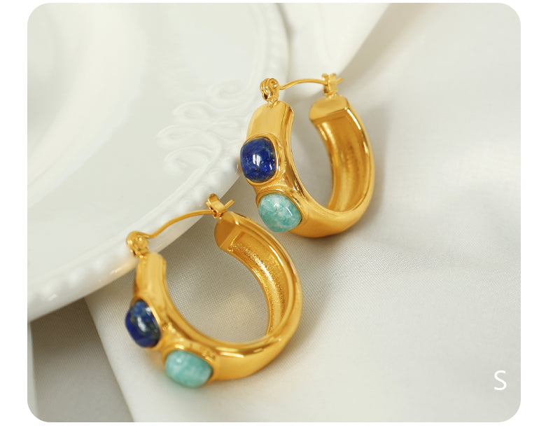 Vintage style round natural stone 18k gold plated hoop earrings