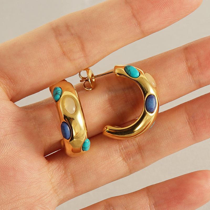 C shape inlay turquoise 18k gold plated ear studs
