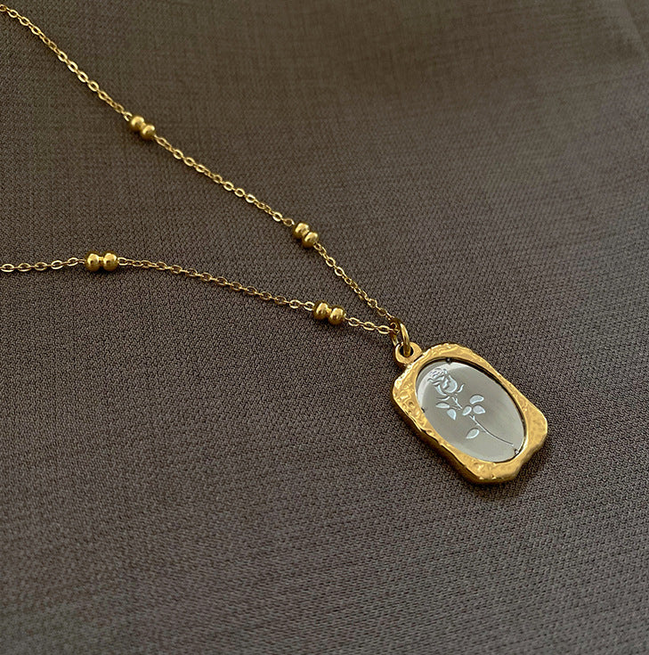 Vintage mirror rose flower titanium gold plated necklace