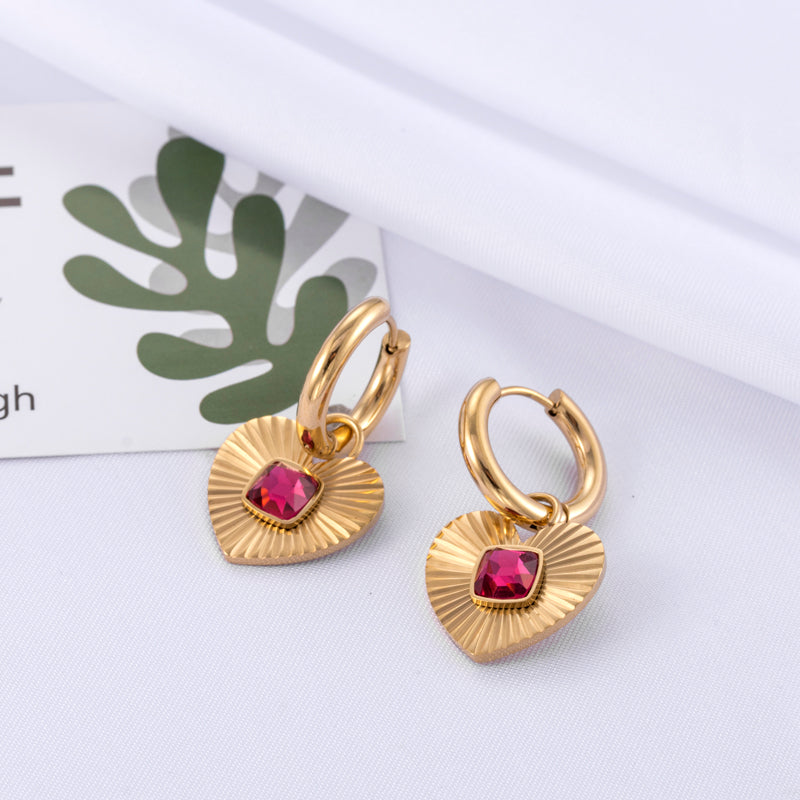 Geometric sector heart shape inlay zircon 18k gold plated drop earrings