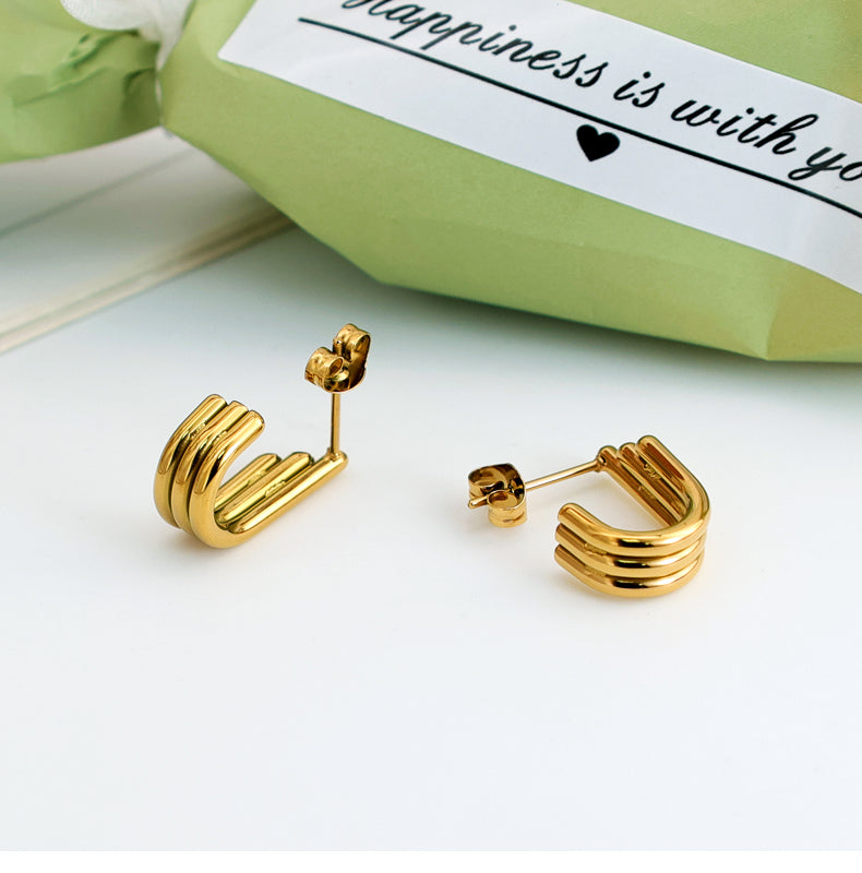 Geometric Inlay Pearl 18K Gold Earrings Ear Studs