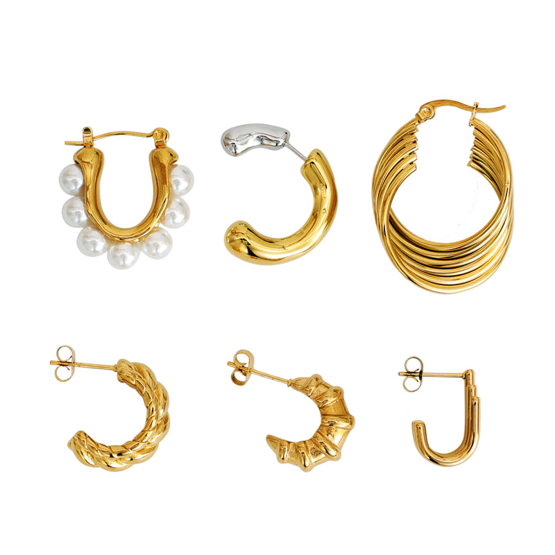 Geometric Inlay Pearl 18K Gold Earrings Ear Studs