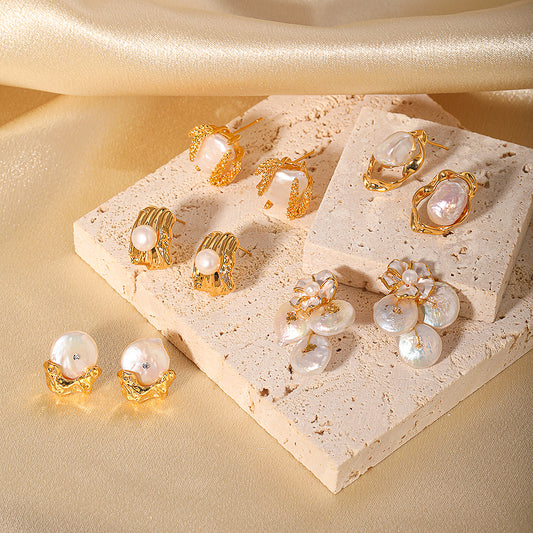 Baroque irregular inlay freshwater pearl 18k gold plated earrings