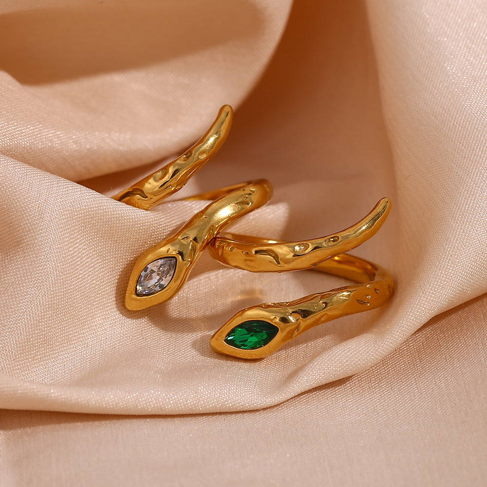 snake 18k gold plated open ring green zircon