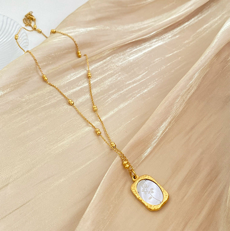 Vintage mirror rose flower titanium gold plated necklace