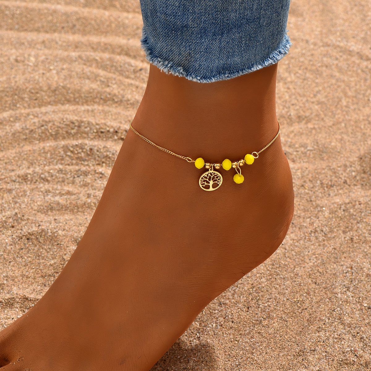 Bohemian beach tree beaded 18k gold plated women's anklet