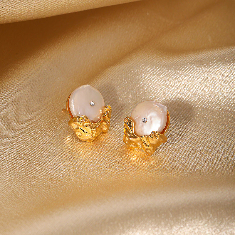 Baroque irregular inlay freshwater pearl 18k gold plated earrings