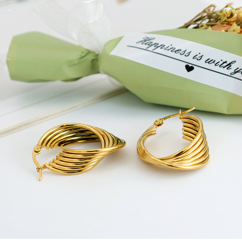 Geometric Inlay Pearl 18K Gold Earrings Ear Studs