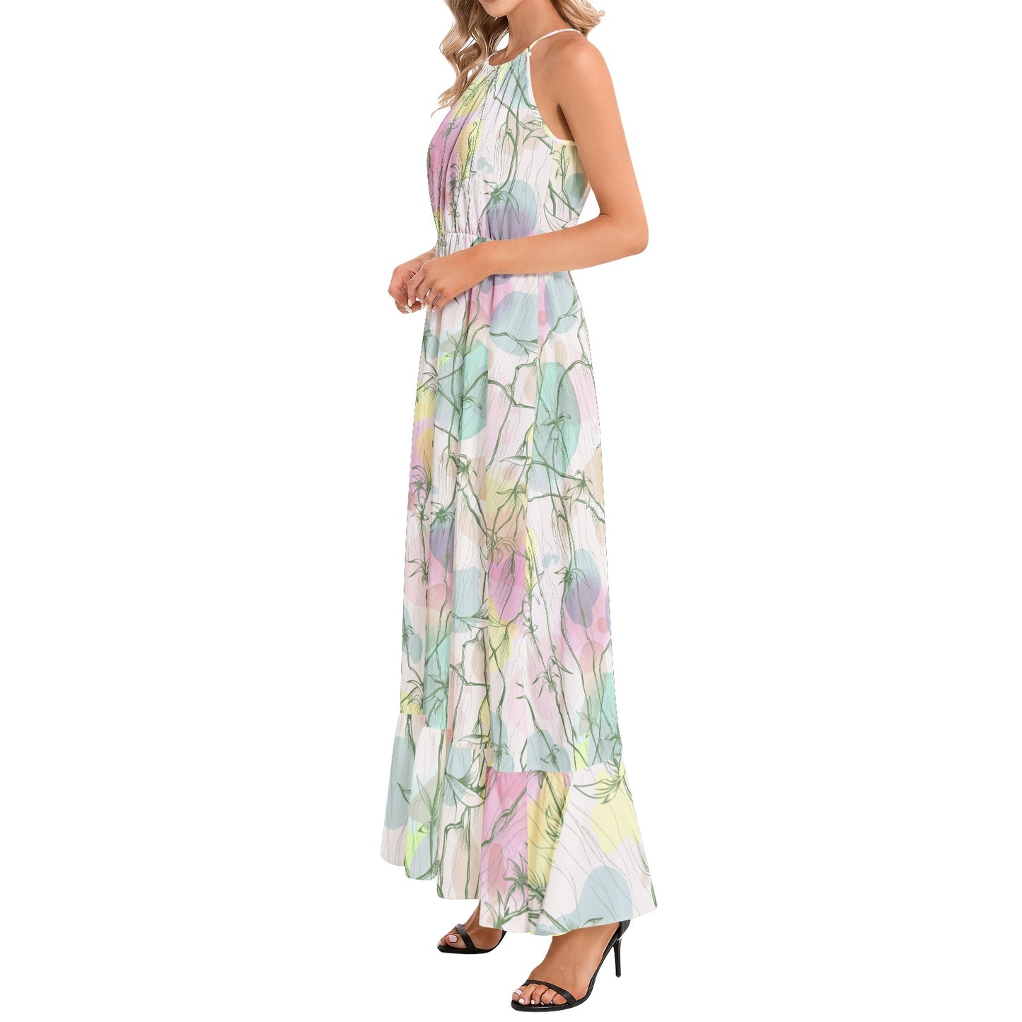 Ruffle Hem Halter Neck Maxi Dress